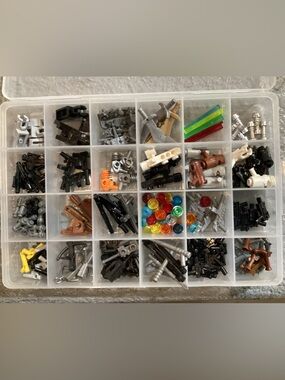 Lego accessories for mini figures ..small parts etc in divider container